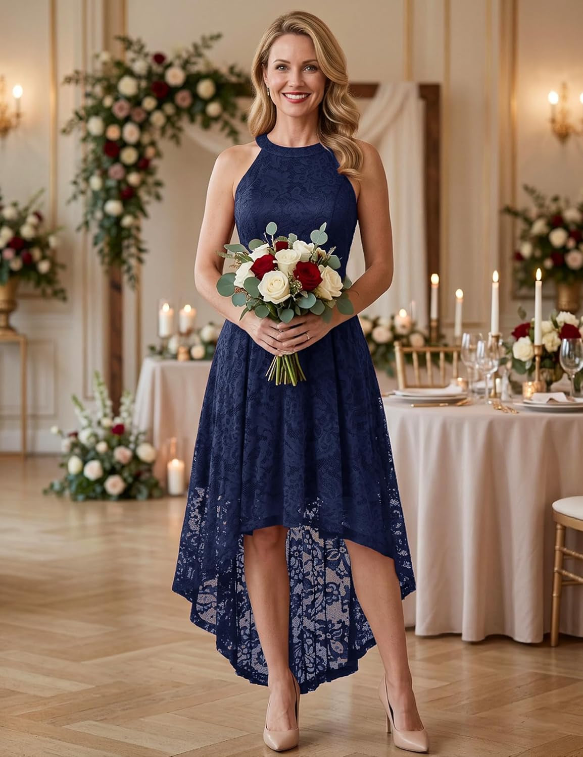 Women'S Halter Floral Lace Cocktail Party Dress Hi-Lo Bridesmaid Dress