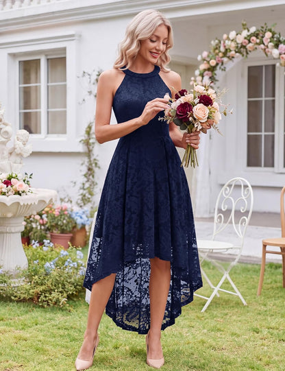 Women'S Halter Floral Lace Cocktail Party Dress Hi-Lo Bridesmaid Dress